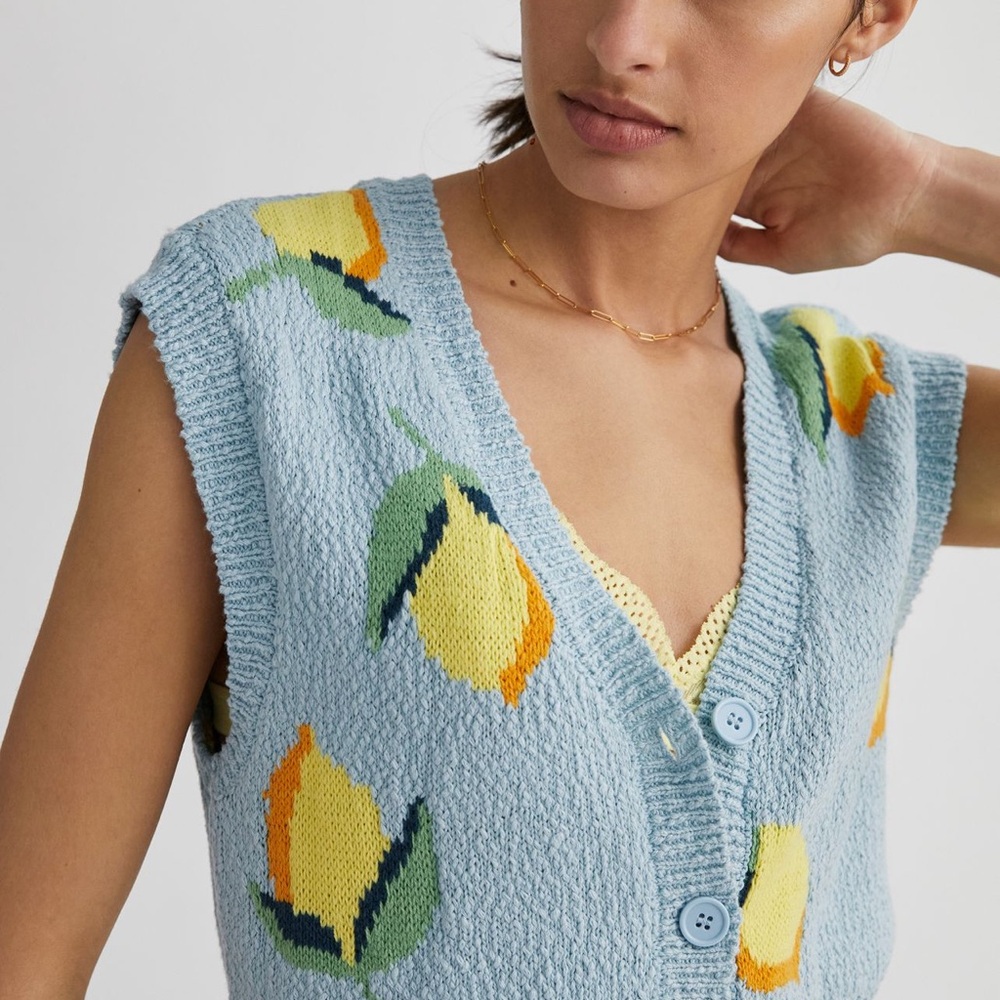 Maeve Cropped Lemon Patterned Blue Knit Vest